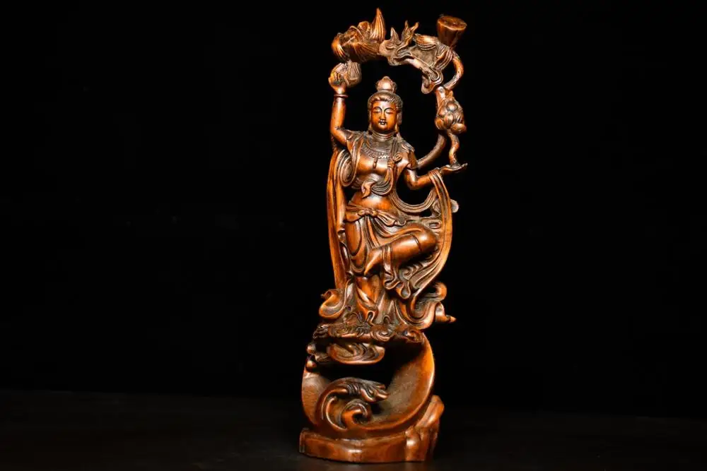 

10"Tibetan Temple Collection Boxwood Wood Carved Lotus GuanYin Kwan-yin Buddha Statue accumulate Town house Exorcism