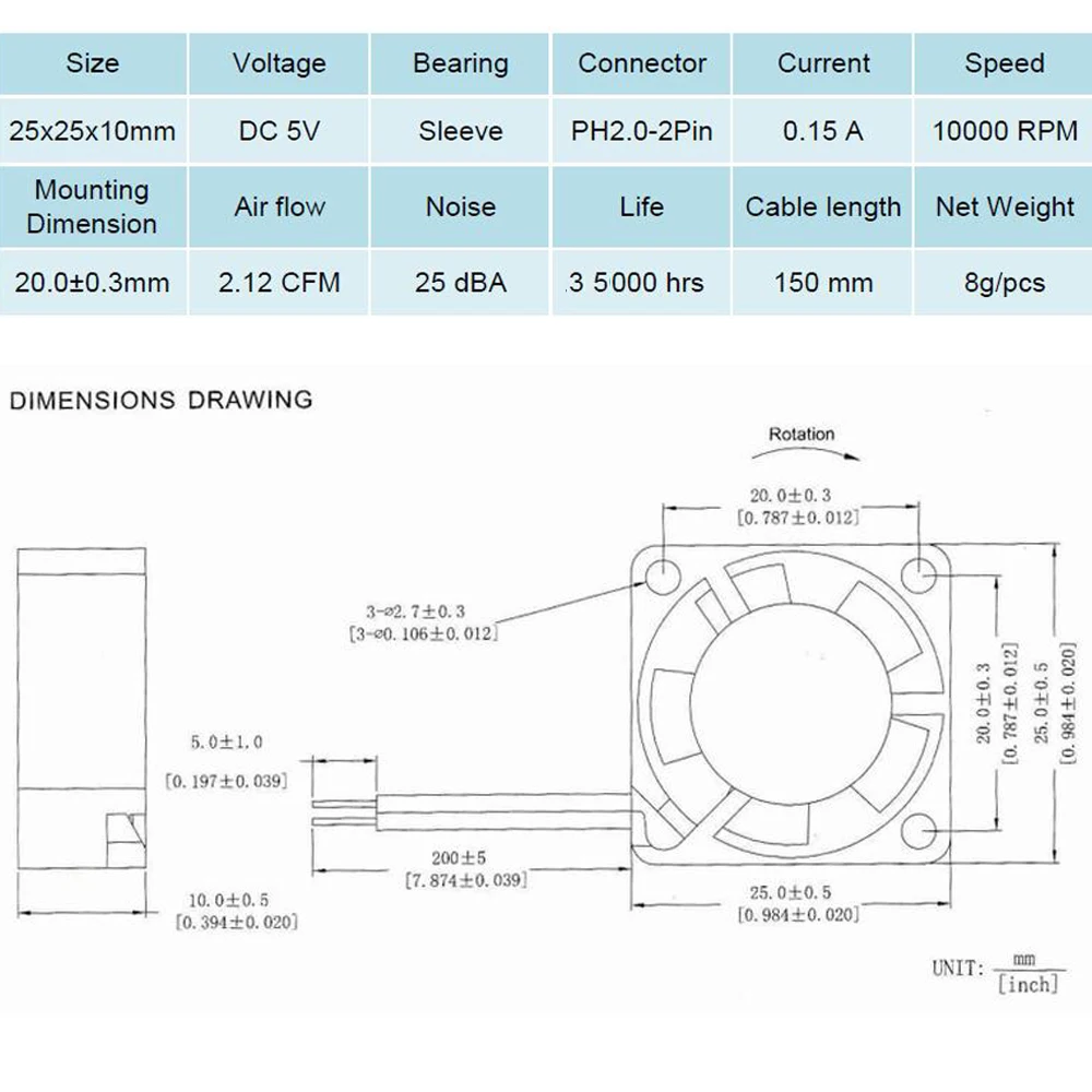 2шт. Gdstime DC 5V 2Pin 2510 25*25*10мм Пластиковый вентилятор охлаждения Mini 25мм Бесщеточный ноутбук Система охлаждения 3D-принтер