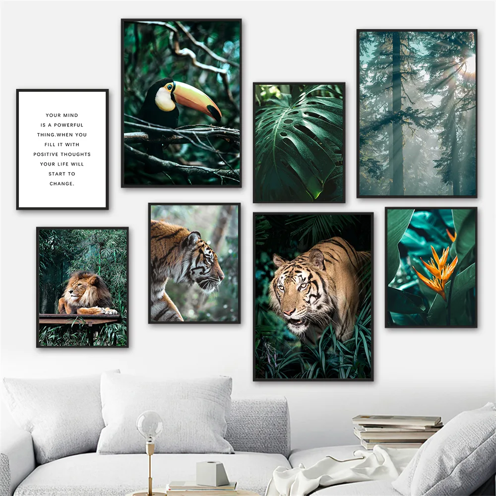 

Jungle Forest Poster Lion Tiger Leopard Animal Art Print Monstera Leaf Bird Canvas Painting Nordic Wall Art Picture Home Decor