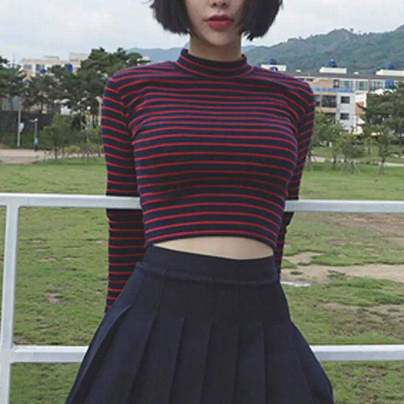 

Fashion Women Shirt Sexy Striped Blouse Crew Neck Casual Crop Short Tops Vest Blouse Long Sleeve Shirt