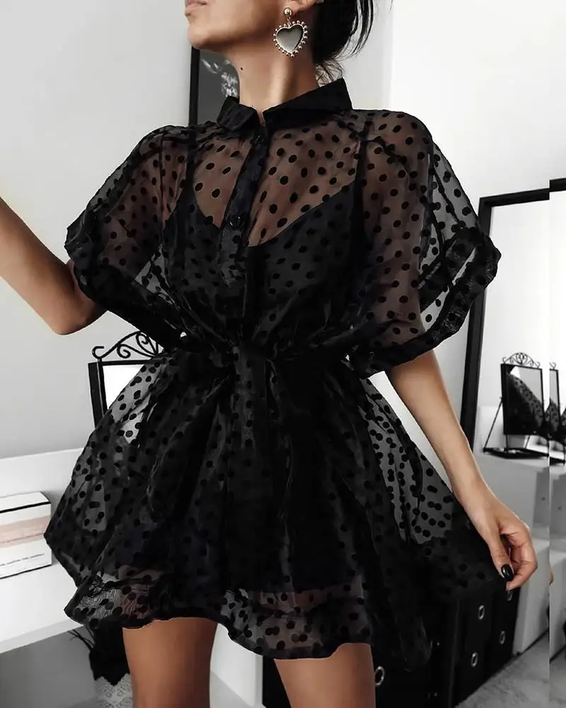 

Ninimour Dot Print Semi Sheer Buttoned Blouse Women Mock Neck Short Sleeve Womens Tops Casual Sweat Sashes Summer Party Tops