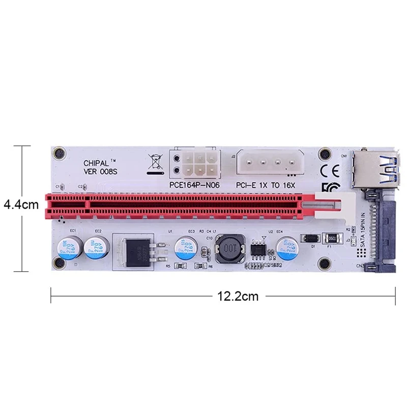 

5Pcs VER008S PCI-E Riser Card 008S PCIe 1X to 16X Adapter 4Pin 6Pin SATA Power USB 3.0 Cable for Bitcoin Miner Mining