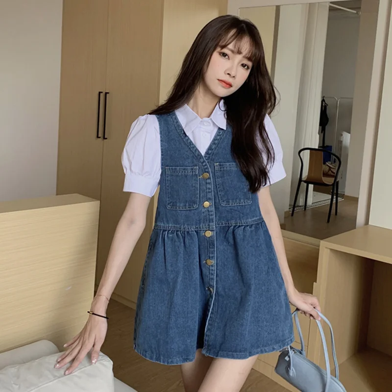 Женское летнее джинсовое платье без рукавов маленькая короткая юбка в