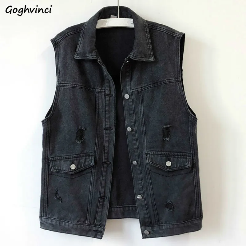 

Women Denim Vests Plus Size 3XL Single Breasted Frayed Hole Loose Outwear Waistcoats Hole Vintage Jackets Streetwear Harajuku