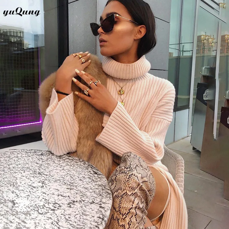 yuqung autumn winter split Sweater Women Turtleneck long sleeve Knitted loose Sweaters And Pullovers Knitwear Female Jumper | Женская