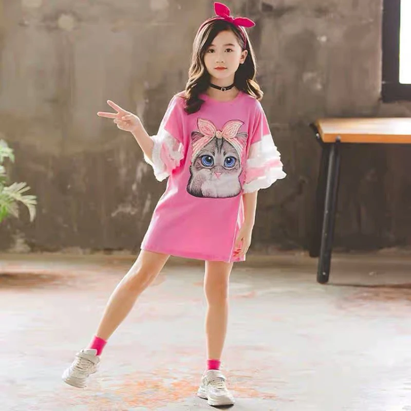 Летнее платье для девочек Платье-футболка малышей Детская модная уличная одежда
