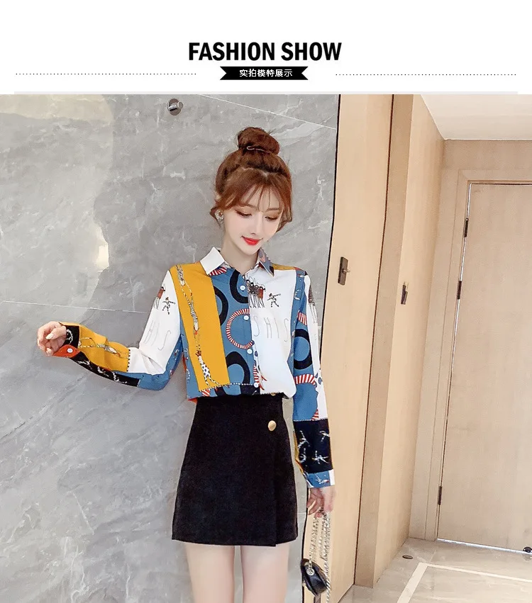 

2020 Spring and Autumn European and American New Long Sleeve Chiffon Top Women's Korean Printing Cardigan Suit Collar Shirt