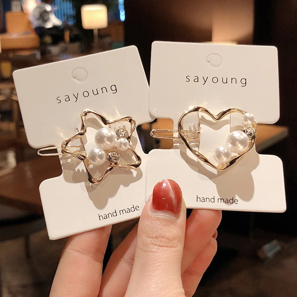 

Pearls Hollow Star Love Heart Metal Hair Clips Crystal Rhinestones Star Hairpins for Women Korea Hair Accessories