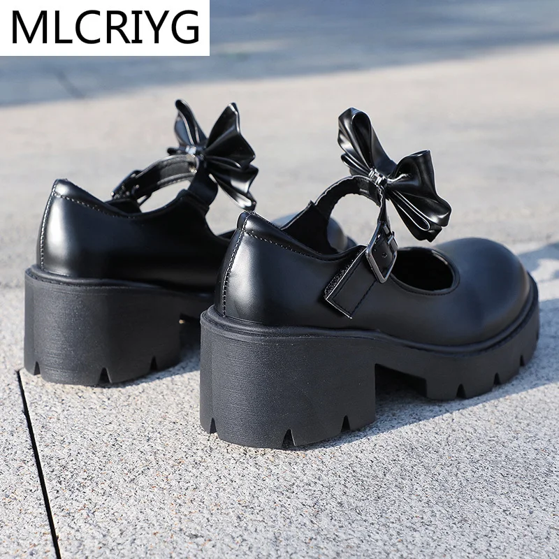 

2021 New Women's Shoes Cute Bowknot Round Toe Black Comfortable Warm Thick-soled Shoes Buckle Fashion PU Leather Shoes for Woman