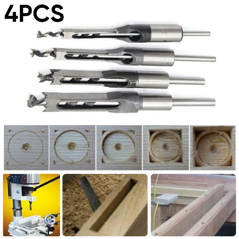 

4Pcs Woodworking Drill Bit Square Hole Chisel Mortising Kit Mortise Tool 210mm