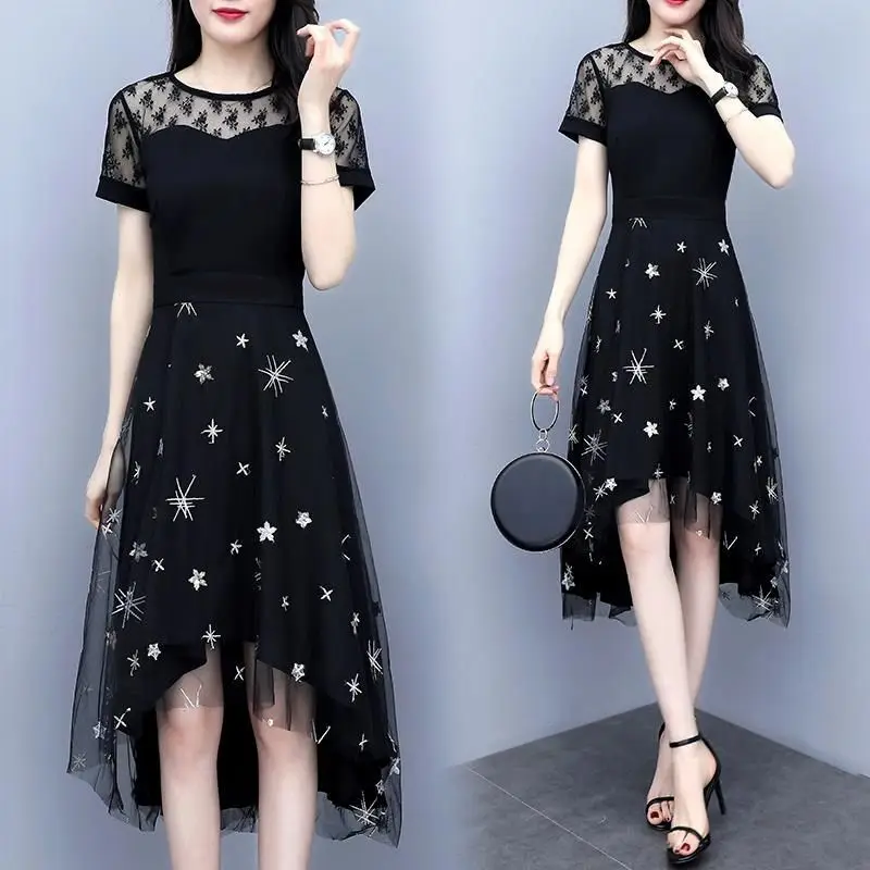 

Women's Spring Summer Style Lace Dress Women's Solid Color Embroidery Short Sleeve O-Neck Mesh Elegant Dress SS3626
