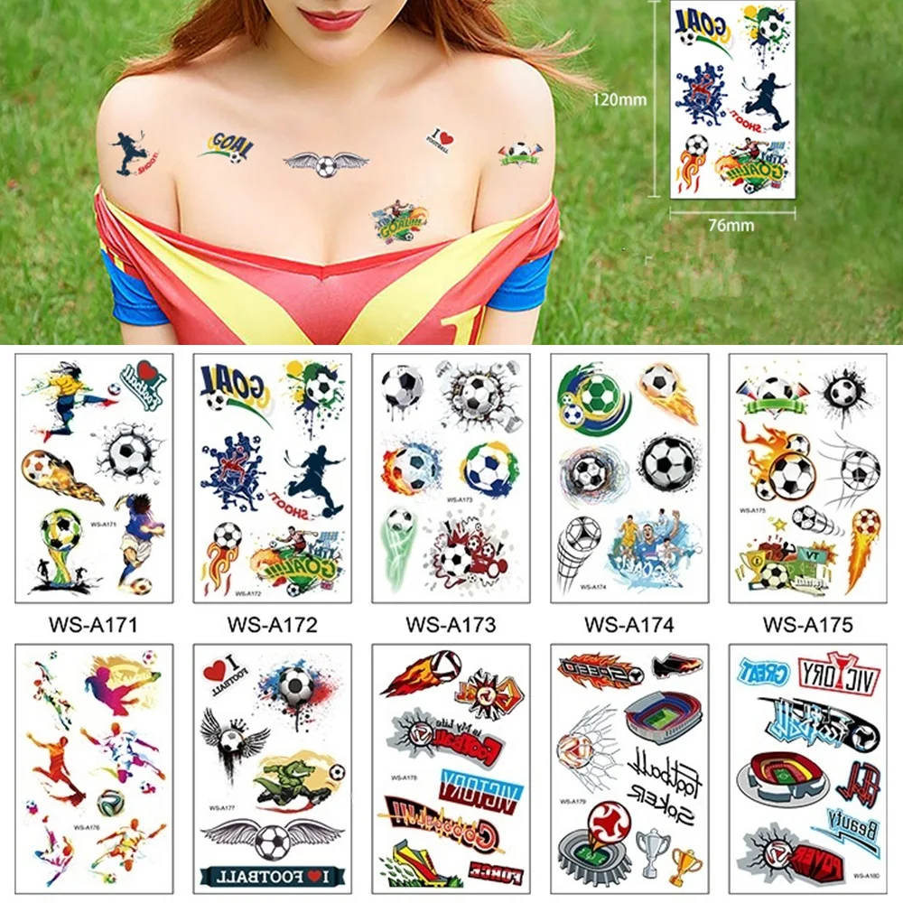 

10 Kinds Soccer Tattoos Disposable Face Makeup Stickers For Football Fans Competition Cheerleaders Temporary Body Arm Art