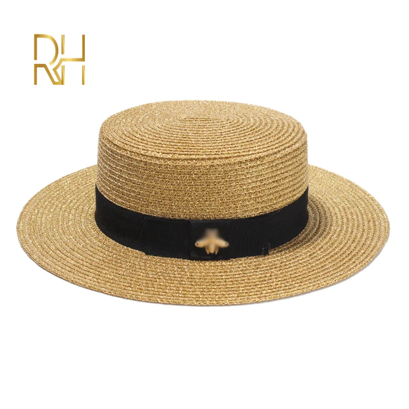 

Ladies Sun Fedora Hats Small Bee Straw Hat European and American Retro Gold Braided Hat Female Sunshade Flat Cap Visors Hats RH