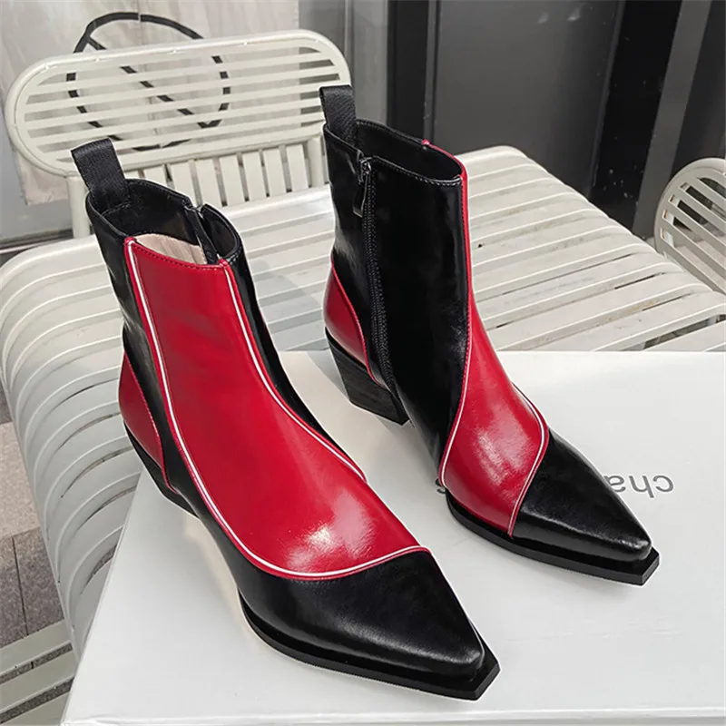 

2021 Western boots Pointed Zipper Women Shoes Fashion Square High Heel Ankle Boots Cow Leather High Quality Short Boots Size 42