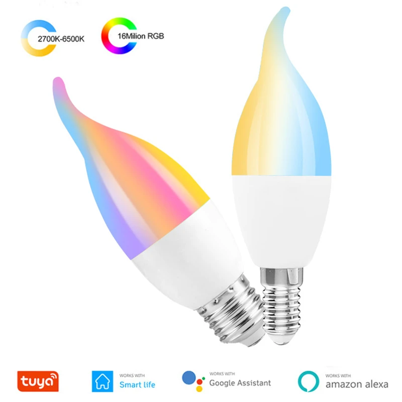 Умная светодиодная лампочка Tuya с Wi Fi приглушаемая LED лампа E14 E27 RGB CW волшебная