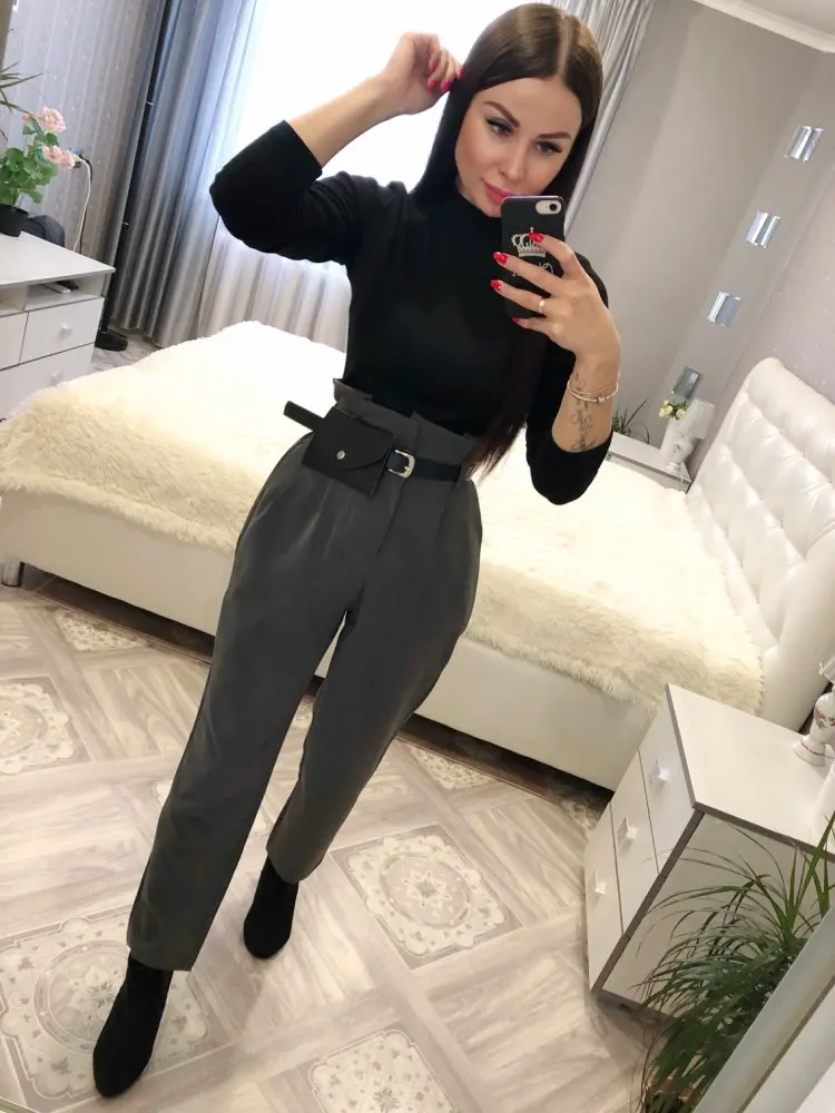 Элегантные офисные брюки с высокой талией прямые для женщин черные серые работы