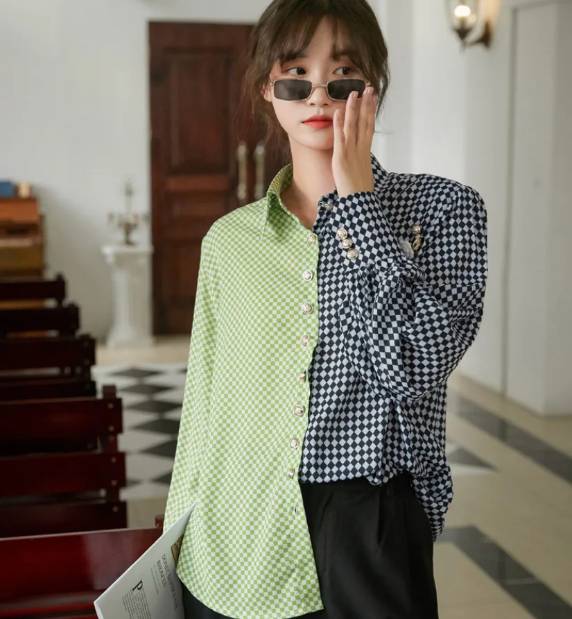 

Women Blouses Lantern Sleeve Palid Contrast Color Shirt Spring Autumn Loose Fashion Ladies Tops Single Breasted Blusas De Mujer