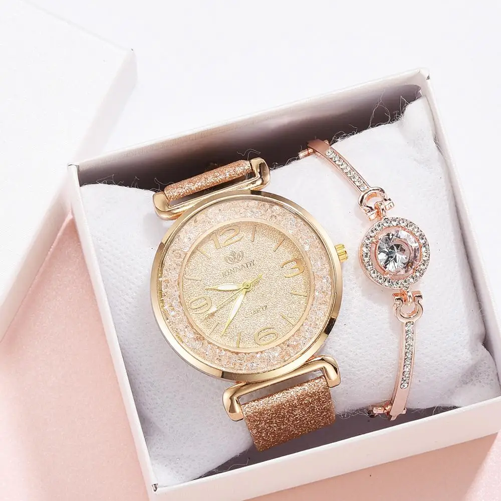 

2 teile/satz Luxus Mode Einfache Zifferblatt Leder Streifen Uhr Frauen Voller Diamanten Armband Uhren Quarz Relogio mit Geschenk