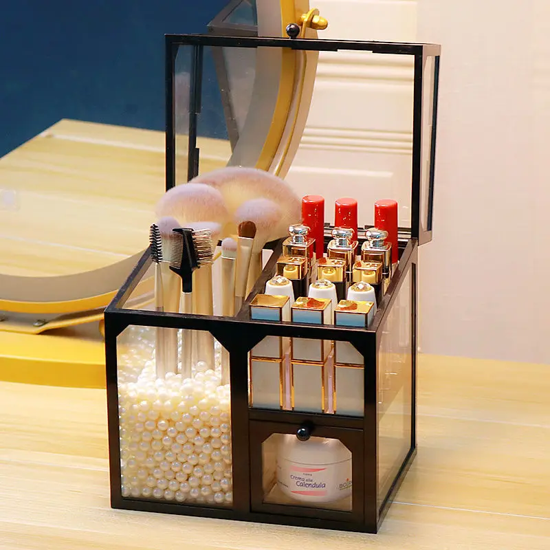 Glass Material Beauty Brush Storage Box Dust-proof Desktop Lipstick Skin Care Shelf Eyebrow With Finishing |