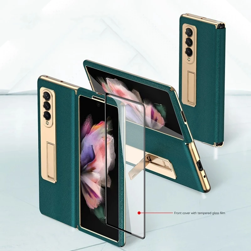 

Front Glass Leather Kickstand Case For Samsung Galaxy Z Fold3 Fold 2 3 5G Phone Cover 360 Full Protection Bracket Function Case
