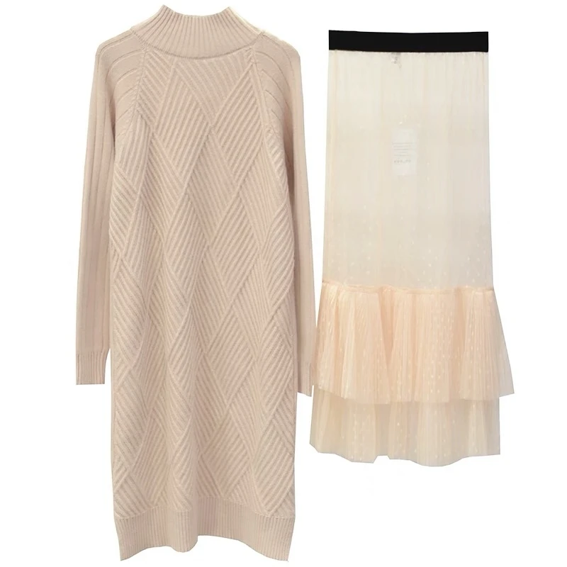 Платье-Свитер Timis Li с высоким воротником женское кружевное вязаное длинное