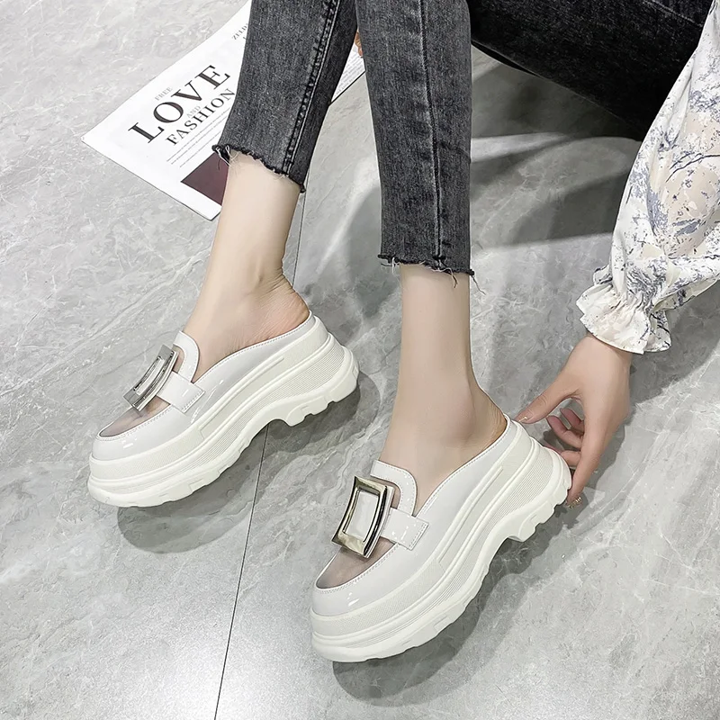 

Shoes Slippers Casual Med Platform Slides Slipers Women Cover Toe Luxury Flat 2021 PU Rome Rubber Fabric Shoes Woman's Slippers