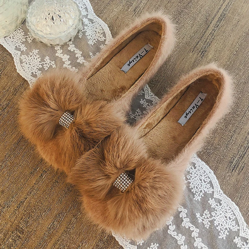Обувь на плоской подошве с натуральным кроличьим мехом женская обувь высокого