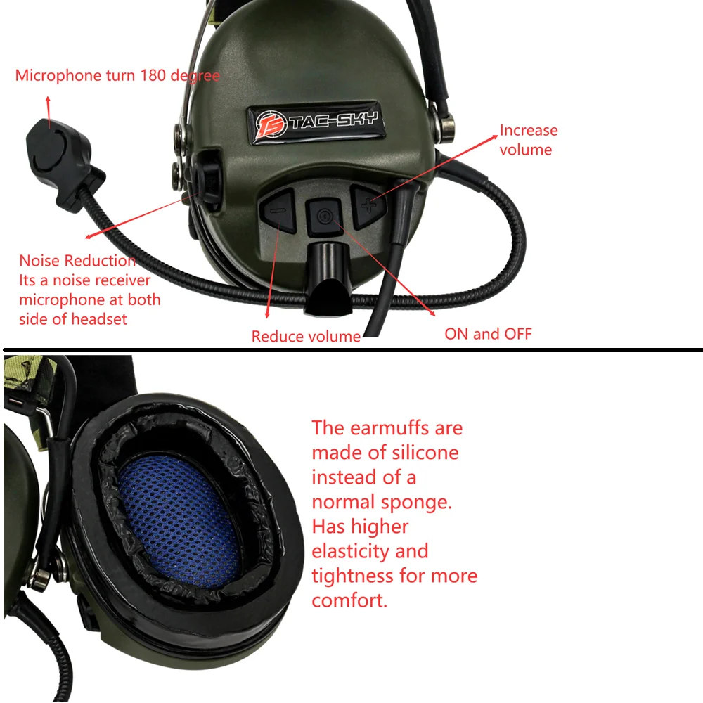 Тактические наушники TAC-SKY Sordin с силиконовыми амбушюрами, шумоподавление, подъем микрофона для охоты и стрельбы, тактический гарнитур + адаптер U94 PTT.
