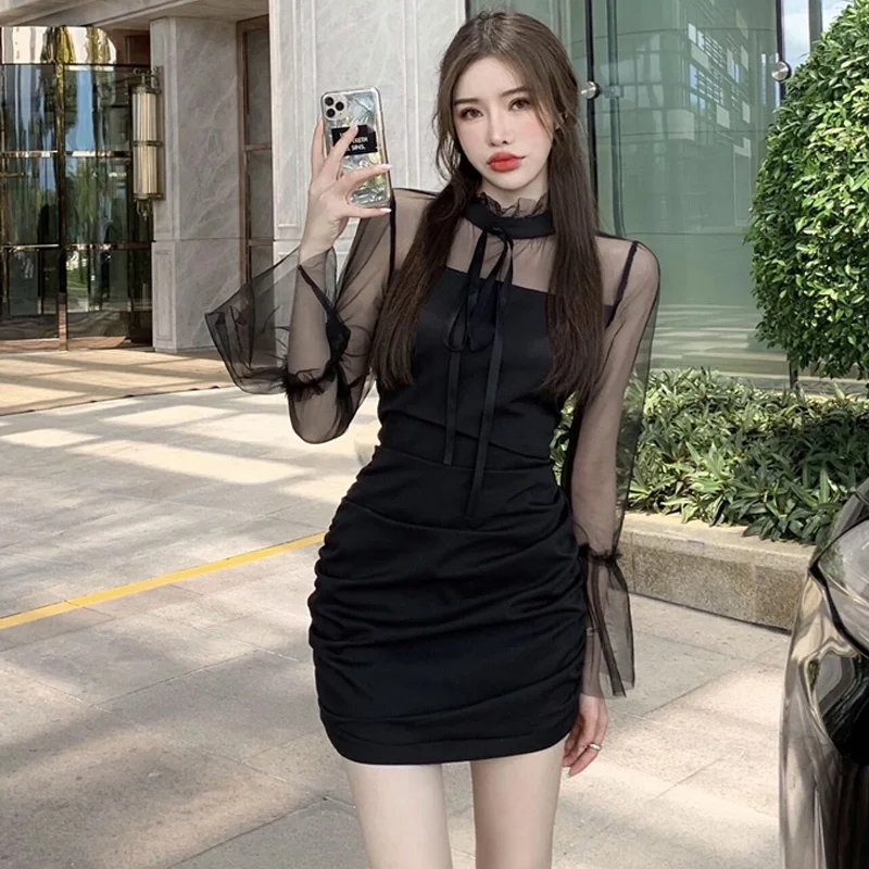 

Autumn Sexy Mesh Pleats Lace-up Long Sleeve Short Skirt Slim-Fit Dress Women Rac