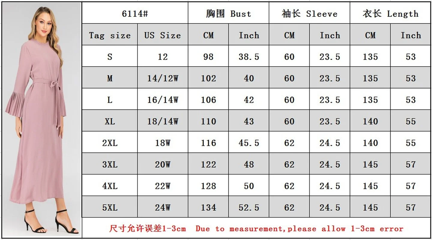 

Donsignet Muslim Dress Middle East Muslim Fashion Round Neck Slim Pleated Sleeve Dress Dubai Abaya Turkey Plus Size Long Dress