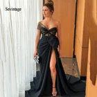 Черное вечернее платье-Русалка Sevintage, на одно плечо, с высоким разрезом по бокам, мягкое атласное длинное платье с бантом, вечерние платья на заказ