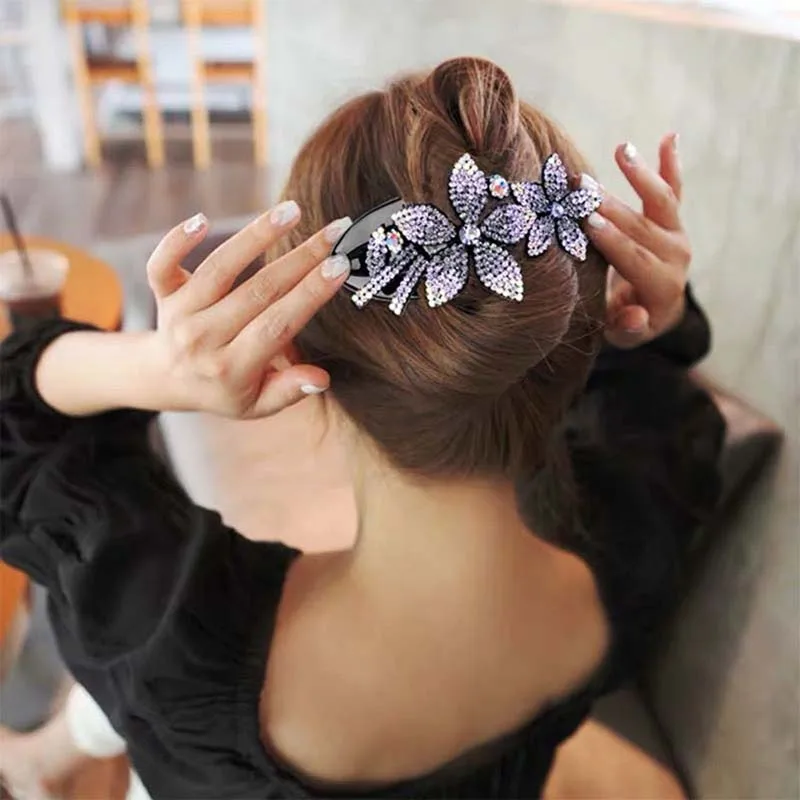 

ncmama Flower Leaf Duckbill Hair Claws For Women Girls Retro Rhinestone Hair Clips Hairpins Shinning Ponytail Hair Accessories