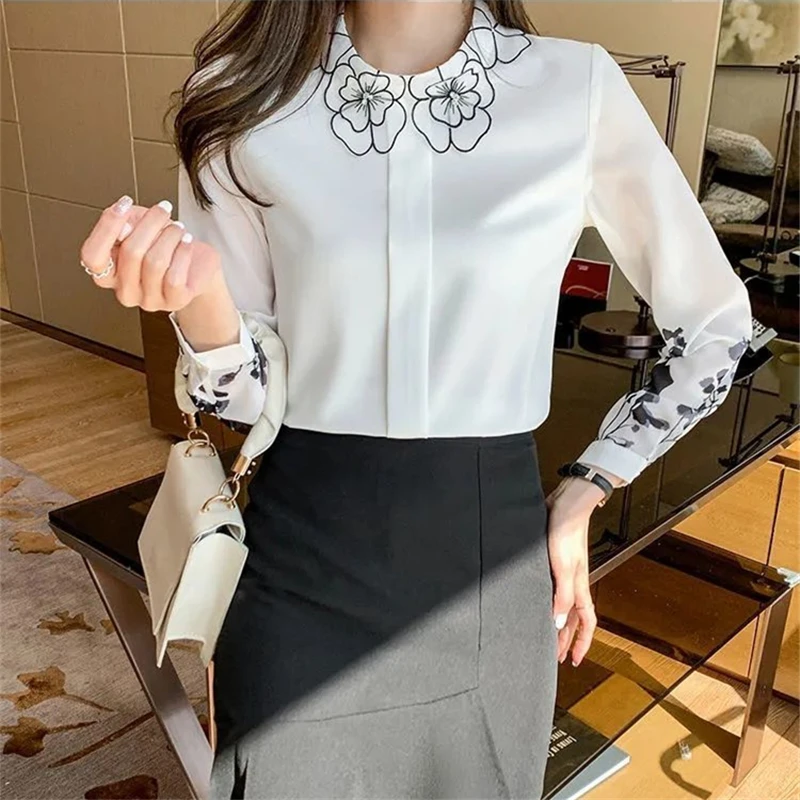

Spring 2021 Fashion New High-Quality Petal Collar Long-Sleeved Printed Chiffon Western Style Shirt Women's Top Trendy H452