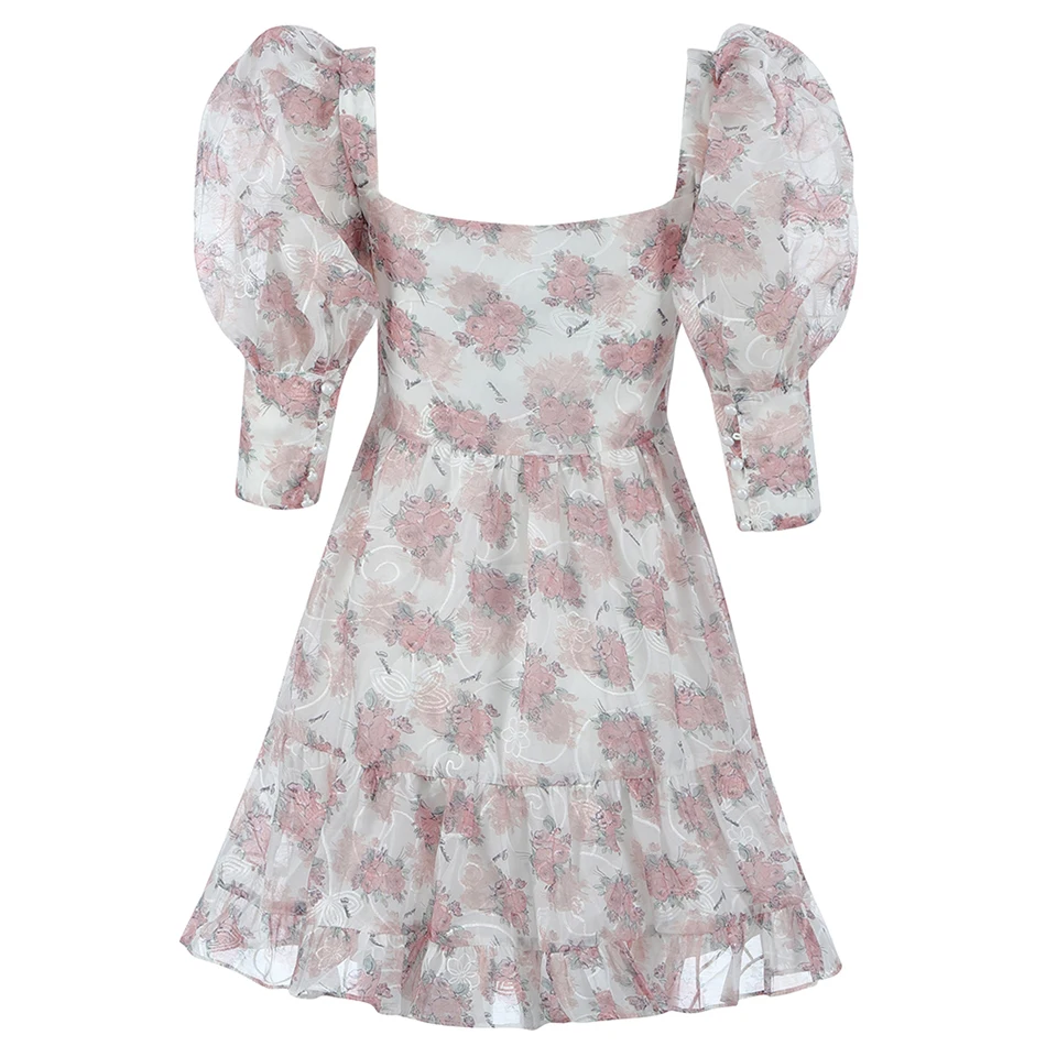 

High Quality Summer New Women'S Sexy V-Neck Puff Sleeve Printed Button Mini Dress Fashion Club Celebrity Runway Vestidos