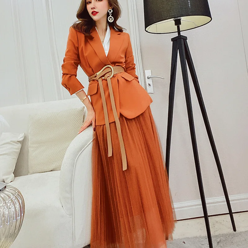 Two Piece Fashion Suit Newest Female Jacket Mesh Dresses With Modern Belt Goddess Workplace Formal Wear In Stock Fast Shipping
