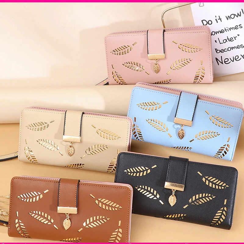 

Ladies Wallet Long Fashion Clutch Hollow Leaf Zipper Wallet Coin Purse Card Case