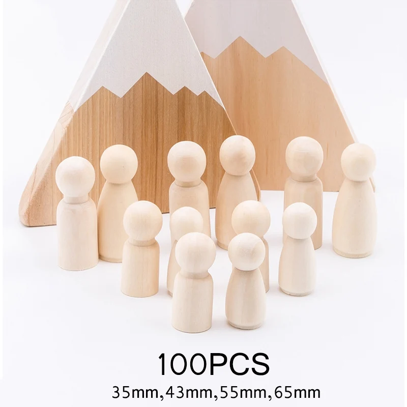 100pc 35mm-65mm Wooden Doll DIY Handmade Wood Peg Dolls Wooden Blank Unfinished For Kid Boy Girl Mini Doll Baby Products Gifts
