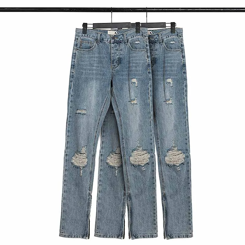

Essentials of God High Quality 1:1 Men's Washed Jeans Destroy Hole Jean Hip hop Style Streetwear Zipper Long Pants
