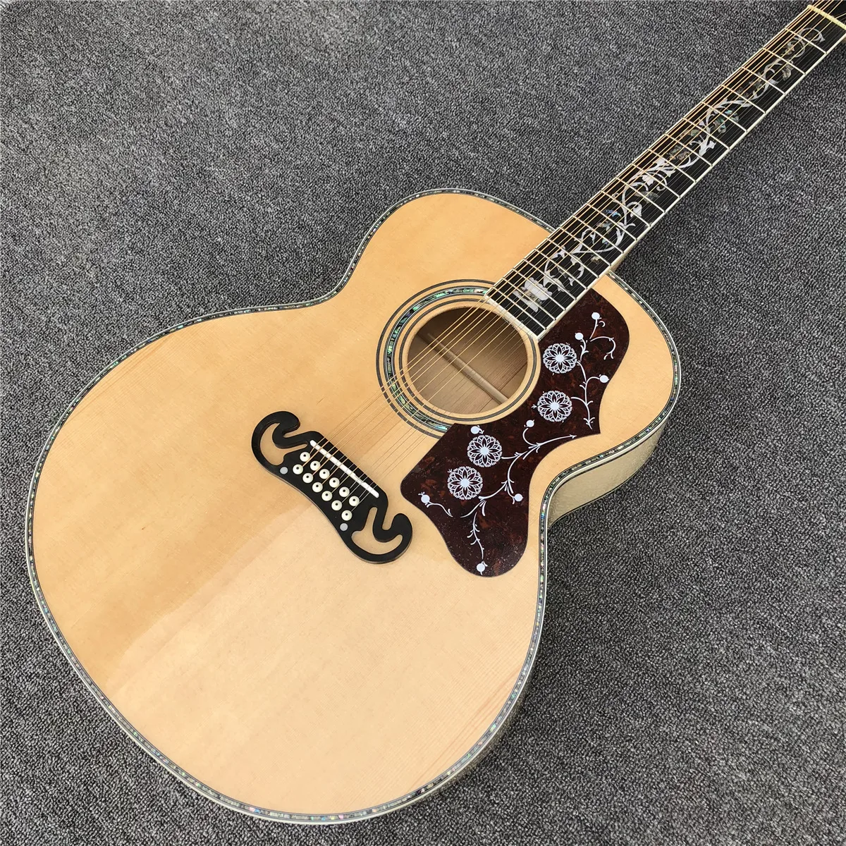 

12 Strings 43 " Natural Solid Spruce J200 Acoustic Guitar Abalone Ebony Fingerboard Flame Maple Jumbo Body Electric Guitarra