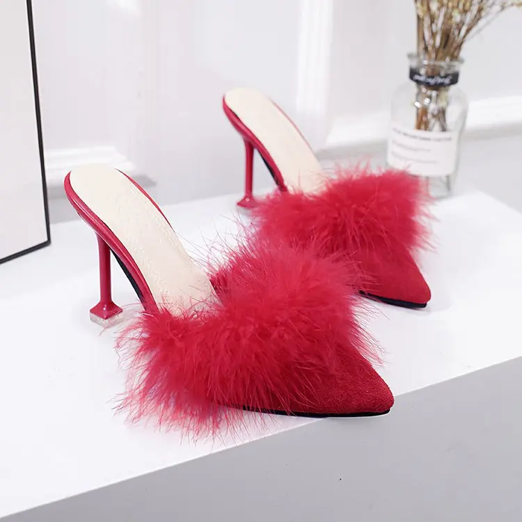 

Sexy slim heel large women's shoes pointed toe super high heel real Plush half slippers