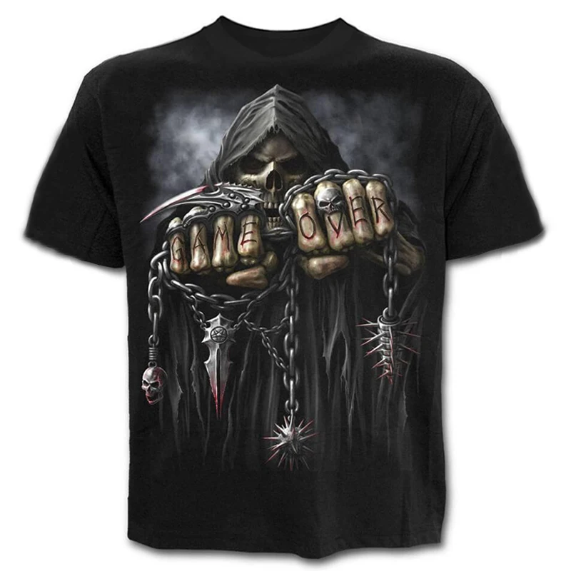 

2021 Summer New Men's Casual Loose Big Round Neck 3D Digital Print Skull Street Trend Short Sleeve T-shirt