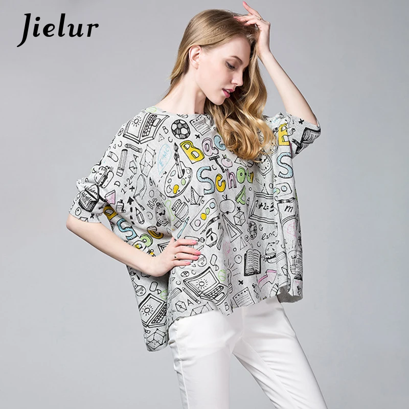 

Jielur Autumn Women's Sweater Pullover Cartoon Printed Thin Half Sleeve Knitted Sweaters Novelty Loose Tee Shirt Female