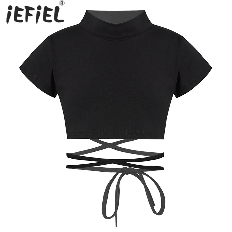 Kids Girls Cotton Round Neck Tank Tops Short Sleeve Jazz Dance Hip Hop Performance Costume Sport Crop Top Sash Tie Cross Waist