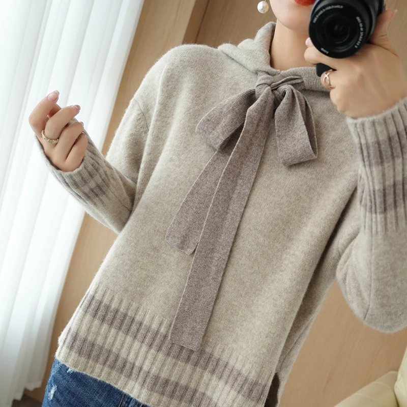 adishree 2020 woman winter 100% Cashmere sweaters autumn knitted Pullovers High Quality Warm Female thickening Hooded Patchwork
