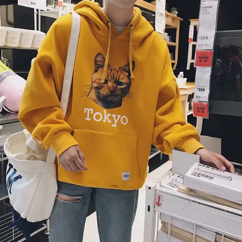 Kpop Harajuku Толстовка с милым принтом кошки Мужская модная Свободная