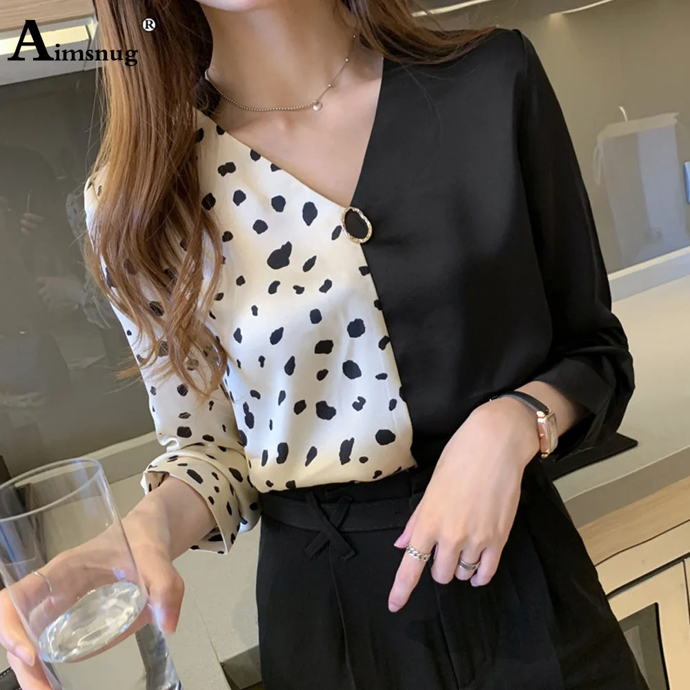 

Kpop Casual Shirt Women Long Sleeve Blouse Ladies Elegant 2021 New Patchwork Dot Basic Tops Clothing Fashion Leisure Blouses