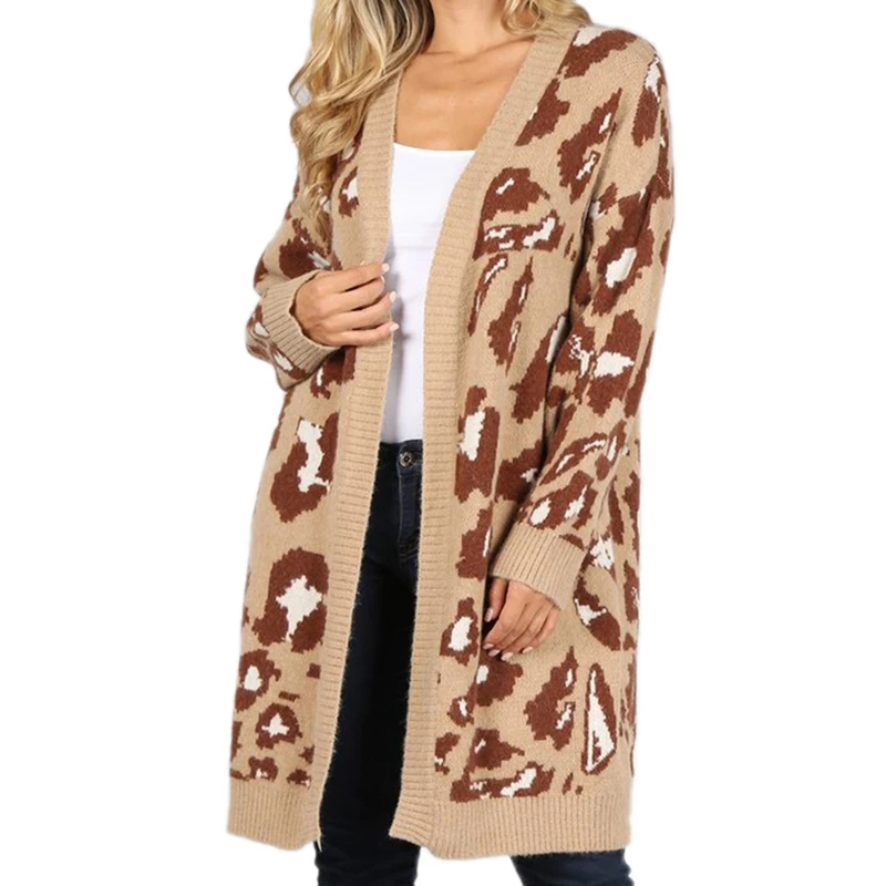 

2021 Autumn And Winter Women Fashionable New Knit Sweater All-Match Long Camouflage Leopard Print Cardigan Sweaters Wholesale