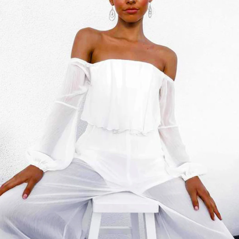 

Elegant Women's Chiffon Jumpsuits Solid Off The Shoulder Empire Casual Wide Leg Pants 2021 Summer Fashion Office Lady Jumpsuit