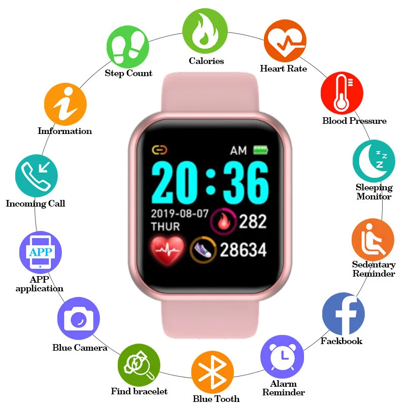 

Цифровые часы D20 Y68 женские часы с измерением кровяного давления квадратные умные часы женский умный Браслет Водонепроницаемый спортивный ...