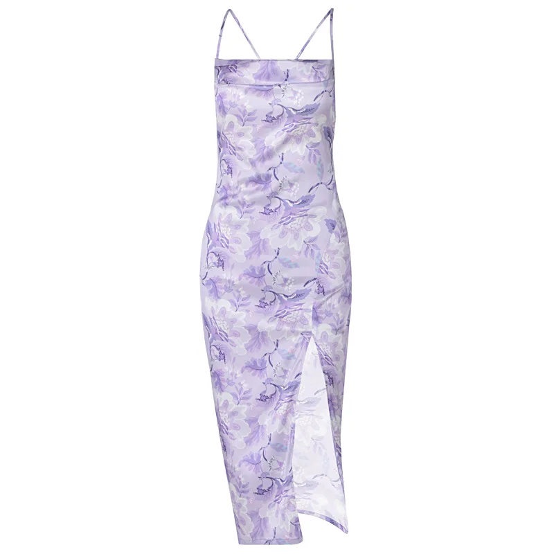 

Floral Print Satin Women Strap Midi Dress Slit Ruched Bodycon Sexy Party Elegant Streetwear 2021 Spring Summer Beach Dress